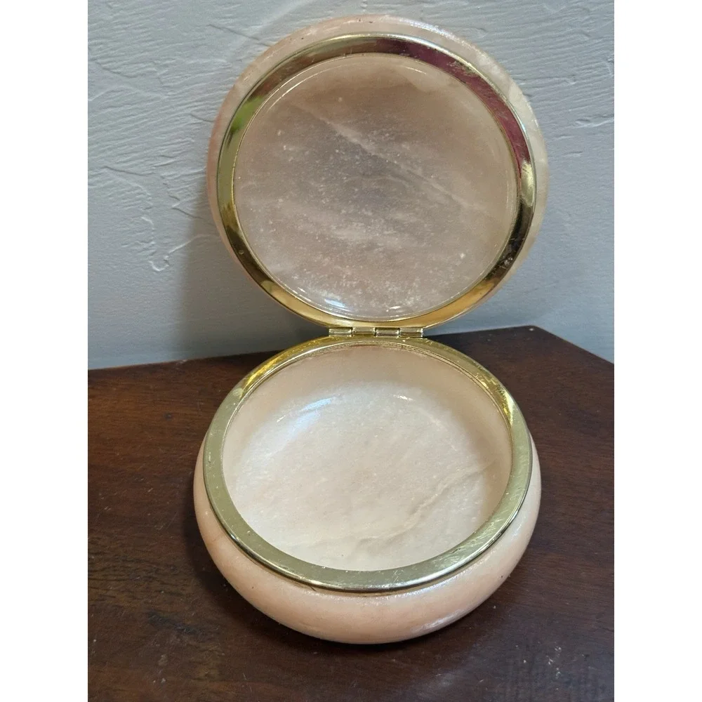 Vintage Italy Carved Alabaster Jewelry Box Hinged Lid Hand Painted Flowers 4.5